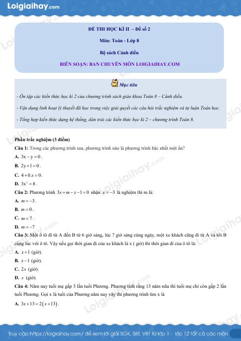 Đề thi học kì 2 Toán 8 - Đề số 2 - Cánh diều